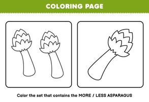 jeu d'éducation pour les enfants coloriage plus ou moins image de dessin animé asperges légume dessin au trait ensemble feuille de travail imprimable vecteur