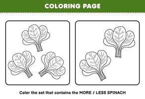 jeu d'éducation pour les enfants coloriage plus ou moins image de dessin animé épinards légume dessin au trait ensemble feuille de travail imprimable vecteur