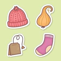 ensemble d'autocollants d'automne clipart chapeau, chaussettes, sachet de thé, citrouille vecteur