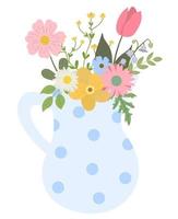 bouquet de printemps en illustration vectorielle de pichet vase. beau jardin fleurit dans un pichet en céramique. isolé sur fond blanc. vecteur