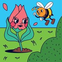 fleur de dessin animé et abeille vecteur