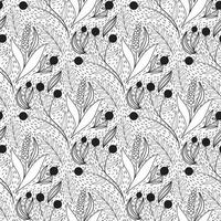 motif floral sans couture dans un style de ligne noir et blanc avec motif de carreaux damassés. impression textile de fleurs de griffonnage. graphique nature vintage. branches de baies et fleur de lavande vecteur