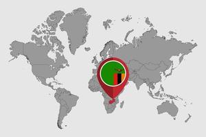 épinglez la carte avec le drapeau de la zambie sur la carte du monde. illustration vectorielle. vecteur