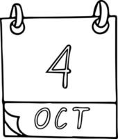 calendrier dessiné à la main dans un style doodle. 4 octobre. journée mondiale des animaux, date. icône, élément autocollant pour la conception. planification, vacances d'affaires vecteur