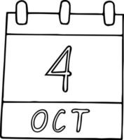 calendrier dessiné à la main dans un style doodle. 4 octobre. journée mondiale des animaux, date. icône, élément autocollant pour la conception. planification, vacances d'affaires vecteur