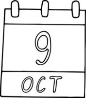 calendrier dessiné à la main dans un style doodle. 9 octobre. journée mondiale de la poste, œuf, date. icône, élément autocollant pour la conception. planification, vacances d'affaires vecteur
