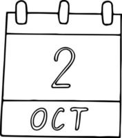 calendrier dessiné à la main dans un style doodle. 2 octobre. journée mondiale du sourire, international de la non-violence, date. icône, élément autocollant pour la conception. planification, vacances d'affaires vecteur