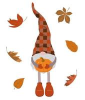 gnome de couleurs d'automne de dessin animé avec citrouille orange et feuilles de forêt sur fond blanc. isolé sur fond blanc. vecteur