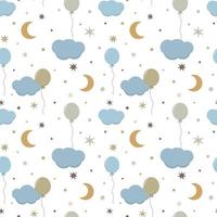 modèle de chambre d'enfants avec lune pastel, ballons, nuages et étoiles. fond de bébé boho. art mural de pépinière, textile pour bébé, papier imprimable. isolé sur fond blanc. vecteur