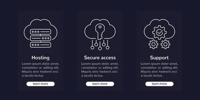 bannières de solutions d'hébergement avec icônes de ligne vecteur