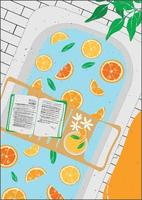 bain aux oranges et aux agrumes. lire un livre dans la salle de bain. intérieur scandinave. une série d'affiches. bain décoré pour une agréable soirée. soins personnels. spa à domicile pour la conception de style de vie. vecteur