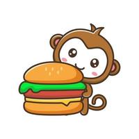 mignon petit singe avec illustration de dessin animé de hamburger isolé adapté à l'autocollant, à l'artisanat, au scrapbooking, à l'affiche, à l'emballage, à la couverture de livre pour enfants vecteur