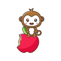 mignon petit singe avec illustration de dessin animé de pomme mordue isolé adapté à l'autocollant, à l'artisanat, au scrapbooking, à l'affiche, à l'emballage, à la couverture de livre pour enfants vecteur