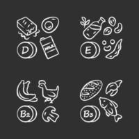 ensemble d'icônes de craie de vitamines. vitamines d, e, b2, b3 source de nourriture naturelle. produits laitiers, noix. nutrition adéquat. nourriture saine. minéraux, antioxydants. illustrations de tableau de vecteur isolé