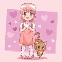 fille avec un chat style anime vecteur