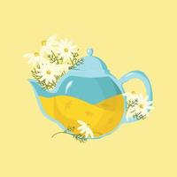 tisane de camomille. illustration vectorielle de thé à la fleur de camomille dans une théière bleue pour la conception d'emballages ou de menus. vecteur