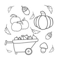 illustration monochrome, chariot en bois avec récolte, grosse citrouille, pommes et champignons, un ensemble d'illustrations vectorielles en style cartoon vecteur