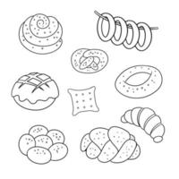 icônes monochromes, un grand ensemble de petits pains sucrés tressés saupoudrés de sucre et de graines de pavot, de bagels et de biscuits, illustration vectorielle en style cartoon sur fond blanc vecteur