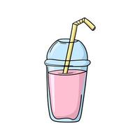 milk-shake aux fruits roses avec un tube à boire dans une tasse en plastique, illustration vectorielle en style cartoon sur fond blanc vecteur