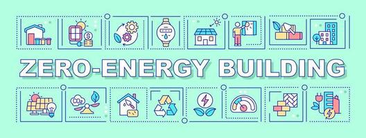 Concepts de mots de construction à énergie zéro bannière de menthe. matériaux alternatifs. infographie avec des icônes sur fond de couleur. typographie isolée. illustration vectorielle avec texte. vecteur