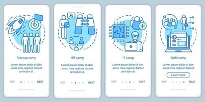 démarrage, camps d'entreprise embarquant l'écran de la page de l'application mobile avec des concepts linéaires. construction d'équipe, instructions graphiques d'étapes de formation rh. ux, ui, modèle vectoriel gui avec illustrations