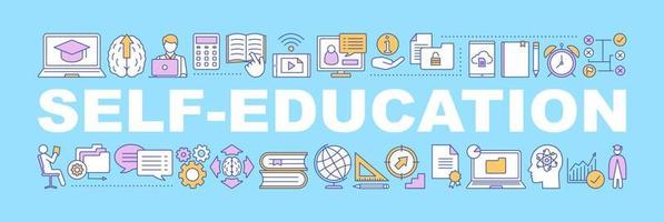 bannière de concepts de mots d'auto-éducation. Développement des affaires. amélioration des compétences. objectif atteint. croissance personnelle. idée de typographie de lettrage isolé avec des icônes linéaires. illustration de contour de vecteur