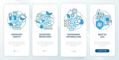 avantages de l'écran de l'application mobile d'intégration bleue de l'architecture durable. pages d'instructions graphiques en 4 étapes avec des concepts linéaires. ui, ux, modèle d'interface graphique. vecteur