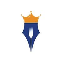 concept de conception de logo de nourriture et de restaurants. stylo avec conception d'icône vectorielle couronne et fourche. vecteur