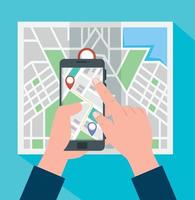 mains à l'aide d'un smartphone avec gps vecteur