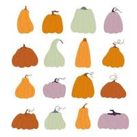 icônes de dessin animé de légumes citrouilles avec des feuilles et des fleurs. citrouille de différentes formes et couleurs vecteur isolé pour les conceptions d'automne, de récolte agricole, d'action de grâces ou d'halloween