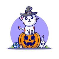 mignon chat sorcière assis citrouille halloween dessin animé icône illustration vectorielle. concept d'icône de vacances animales isolé vecteur premium. style de dessin animé plat