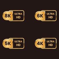 ensemble de boutons de résolution vidéo ultra hd doré 8k, 6k, 5k, 4k vecteur