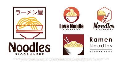 ensemble de conception de logo d'icône de nouilles ramen avec bol, baguettes et vecteur premium de concept créatif