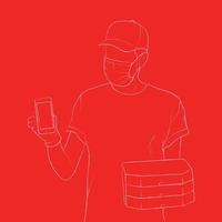 livraison garçon fond rouge avec modèle d'art en ligne de boîte de nourriture vecteur
