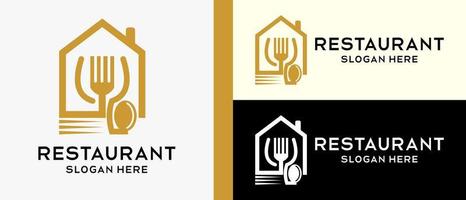 modèle de conception de logo de restaurant, cuillère, verre et fourchette dans l'icône de la maison avec un style de ligne de luxe. illustration vectorielle vecteur