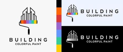 modèle de conception de logo de peinture de bâtiment cool. pinceau à rouleau et bâtiment avec concept de ligne. illustration de logo pour peinture murale ou de construction. vecteur premium