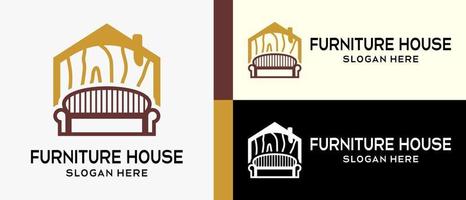 un modèle de conception de logo d'artisan de meubles ou de bois, une icône de maison avec un motif en bois et une chaise avec une ligne. illustration de logo vectoriel créatif.