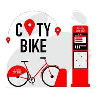 location de vélo de ville ou location de borne de station d'accueil avec un vélo rouge garé sur le point d'amarrage. bannière ou affiche promotionnelle d'une location publique de vélos en libre-service pour balade urbaine. illustration vectorielle plane. vecteur