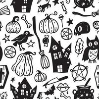 modèle sans couture monochrome d'éléments de doodle dessinés à la main d'halloween d'horreur. vecteur