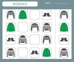 jeu de sudoku pour les enfants avec des vêtements sauvages. fiche d'activité enfants. vecteur