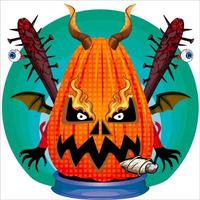 tête de citrouille d'halloween effrayante. visage de citrouille avec arme dans le derrière. convient au logo e sport, t-shirt et autres imprimés. vecteur