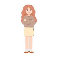 une fille porte un pull et une jupe, debout avec les bras croisés, isolée sur fond blanc. illustration vectorielle. conception de personnages. vecteur