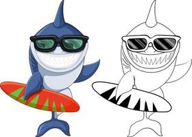personnage de dessin animé de requin avec son contour de doodle surf vecteur