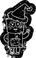 dessin animé heureux icône en détresse d'un robot agitant bonjour portant un bonnet de noel vecteur