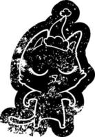 dessin animé calme icône en détresse d'un chat portant un bonnet de noel vecteur