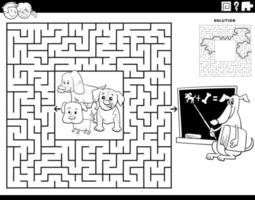 labyrinthe avec chiots et chien enseignant coloriage vecteur