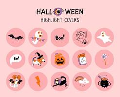 halloween met en lumière les couvertures des médias sociaux. ensemble d'éléments mignons dans un style doodle. icônes dessinées à la main avec des chiens en costumes de carnaval. autocollants, planificateur hebdomadaire. illustration vectorielle. vecteur