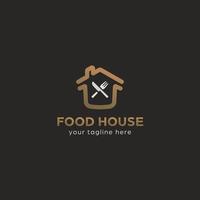logo de la maison de la nourriture haut de gamme avec le symbole de la maison, de la fourchette et du couteau dans une élégante couleur de style premium doré vecteur