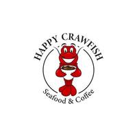 écrevisses heureuses avec mascotte de logo de café, illustration de homard d'écrevisses rouges sourit tenir tasse, logo de fruits de mer et de café vecteur