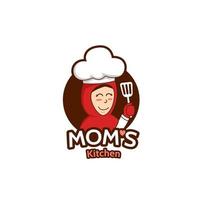 logo de cuisine maman maman avec illustration de personnage de mascotte mère musulmane femelle tenant une spatule porte le hijab vecteur